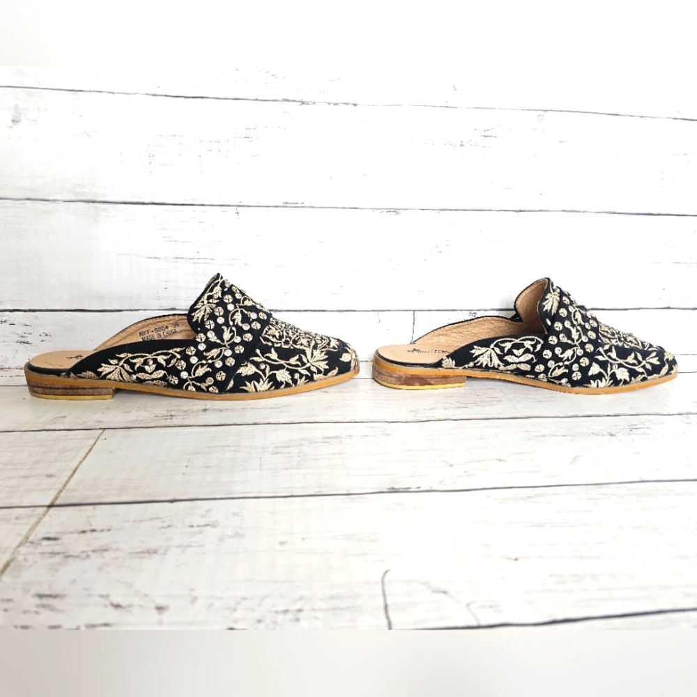 Montana West Black & Ivory Cream Embroidered Rhinestone Mules Flats Shoes - Picture 9 of 16